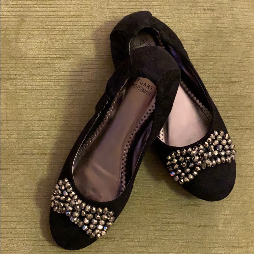 Black suede ballet flats with sparkle bow